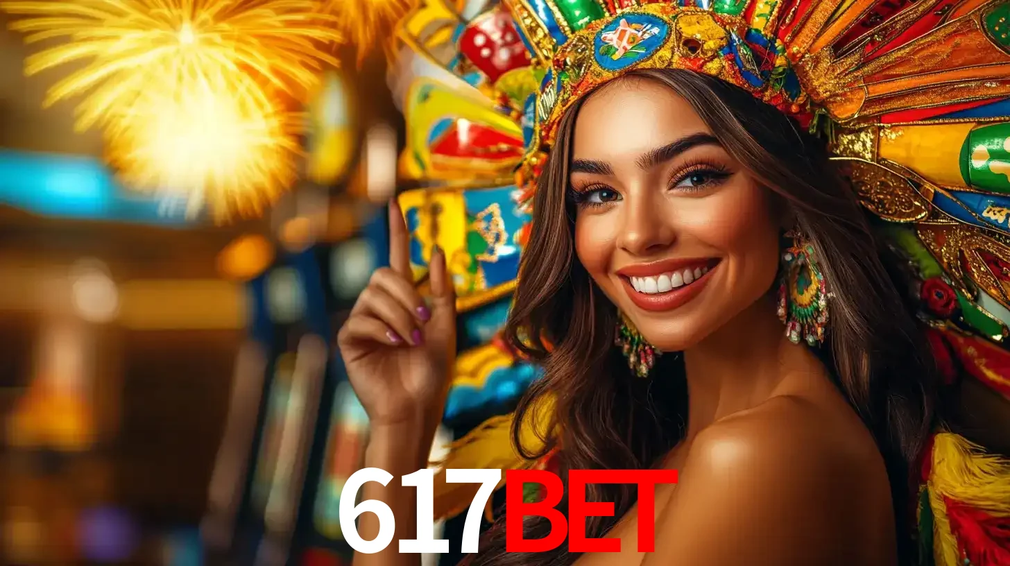 Mulher sorridente com um cocar de carnaval vibrante e colorido, celebrando uma grande vitória nos jogos do cassino 617bet com fogos de artifício ao fundo.