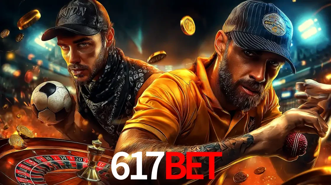 Montagem de apostas esportivas e cassino no 617bet, com um homem segurando uma bola de futebol e outro uma de beisebol sobre uma roleta e moedas voadoras.